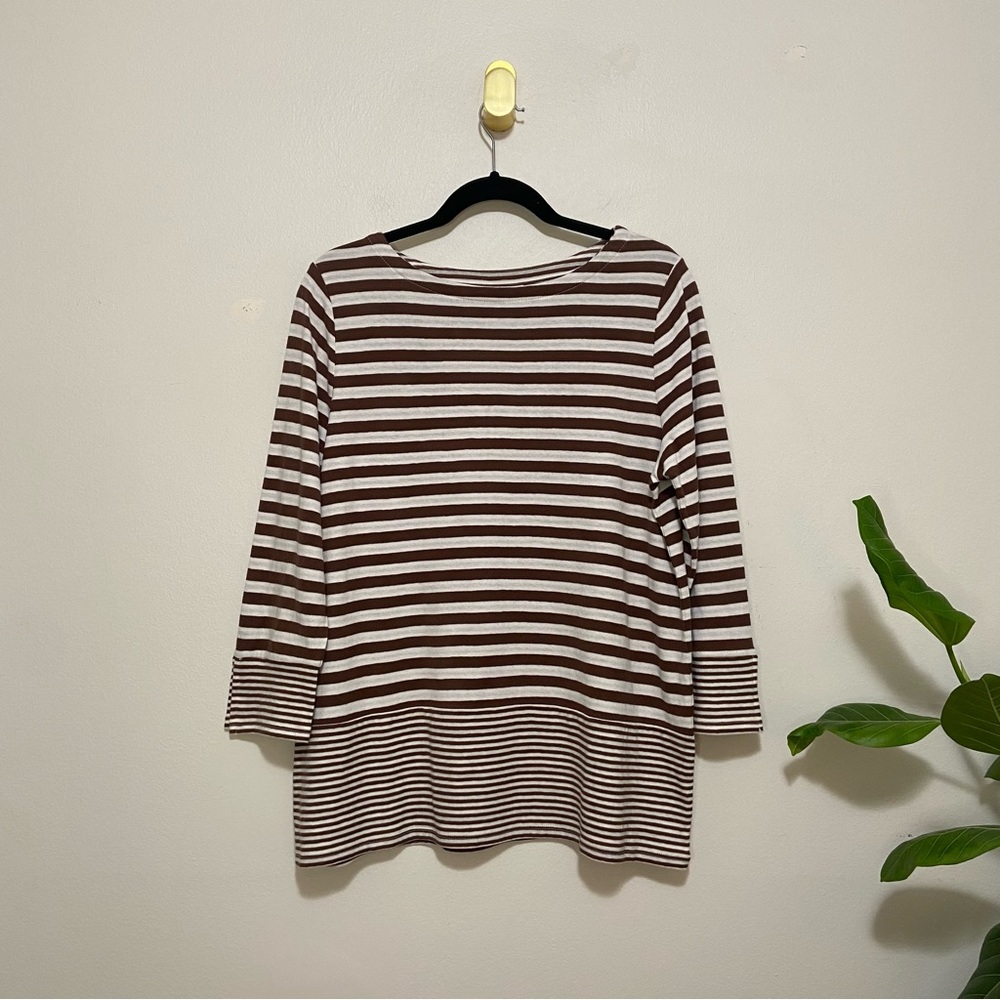 J. Jill Brown Striped Boatneck 3/4 Length Sleeve Top